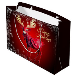 Sacola Para Presentes Grande Christmas Party Red Reindeer Winter Holidays