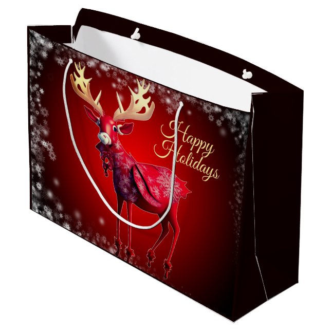 Sacola Para Presentes Grande Christmas Party Red Reindeer Winter Holidays (Verso inclinado)