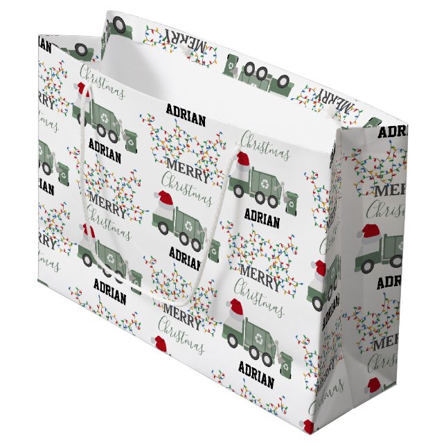 Sacola Para Presentes Grande Christmas Recycling Garbage Truck Custom Name  (Frente inclinada)