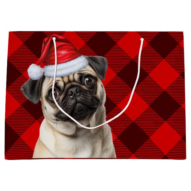 Sacola Para Presentes Grande Christmas Red Buffalo Plaid Pug Dog Lover (Frente)
