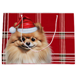 Sacola Para Presentes Grande Christmas Red Plaid Pomeranian Dog Lover