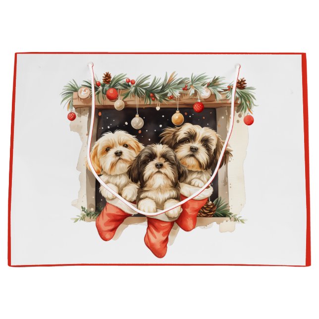 Sacola Para Presentes Grande Christmas Shih Tzu Dogs (Frente)