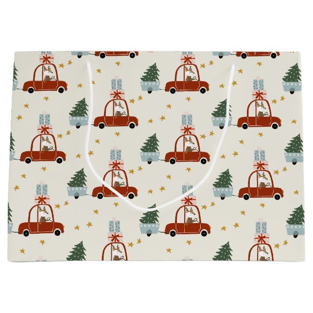 Sacola Para Presentes Grande Christmas Tree Red Car Illustration Gift Bag (Frente)