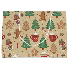 SACOLA PARA PRESENTES GRANDE CHRISTMAS TREES GINGERBREAD MEN HOT COCOA 