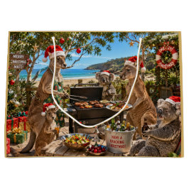 Sacola Para Presentes Grande Churrasco de Natal à Beira-Mar com Cangurus e Coal