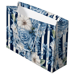 Sacola Para Presentes Grande Chuva de Noiva em Listras Florais Azul Marinho
