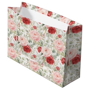 Sacola Para Presentes Grande Chuva de Noiva Floral com Rosas Vermelhas Rosadas