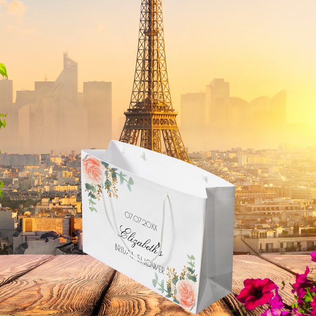 Sacola Para Presentes Grande Chuva de presentes floral rosa dourado rosa eucali (Criador carregado)