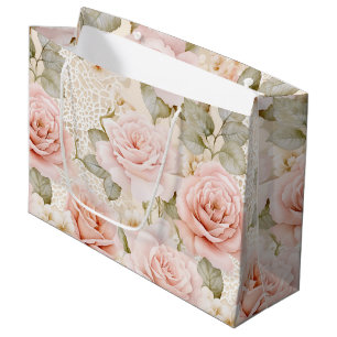Sacola Para Presentes Grande Chuveiro de Noiva Floral Rosa Pink Blush Creme