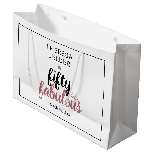 Sacola Para Presentes Grande Cinquenta e Chique Rosa Corado Aniversário (Frente inclinada)
