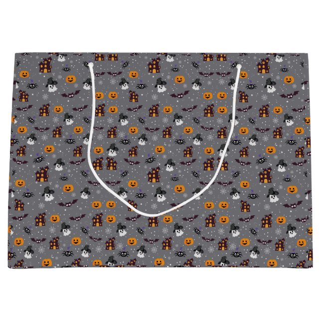 Sacola Para Presentes Grande Cinza do padrão Halloween (Frente)