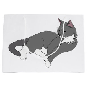Sacola Para Presentes Grande Cinza e Gato de Tuxedo Branco