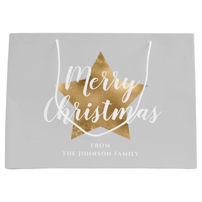 Sacola Para Presentes Grande Cinza Elegante, Dourada Estrela Feliz Natal (Frente)