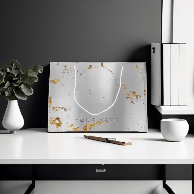 Sacola Para Presentes Grande Cinza Marble Dourada Prata Abstrato Lux Metal Lux (Custom Marble Gray Gold Metal Lux Abstract Silver Large Gift Bag)