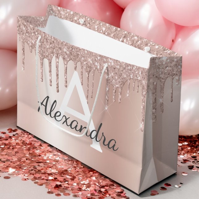 Sacola Para Presentes Grande Cinza Rosa Rosa Rosa Dourada Brilhante Monograma (Criador carregado)