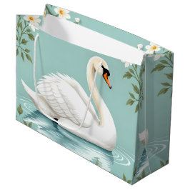Sacola Para Presentes Grande Cisne branco elegante floral azul