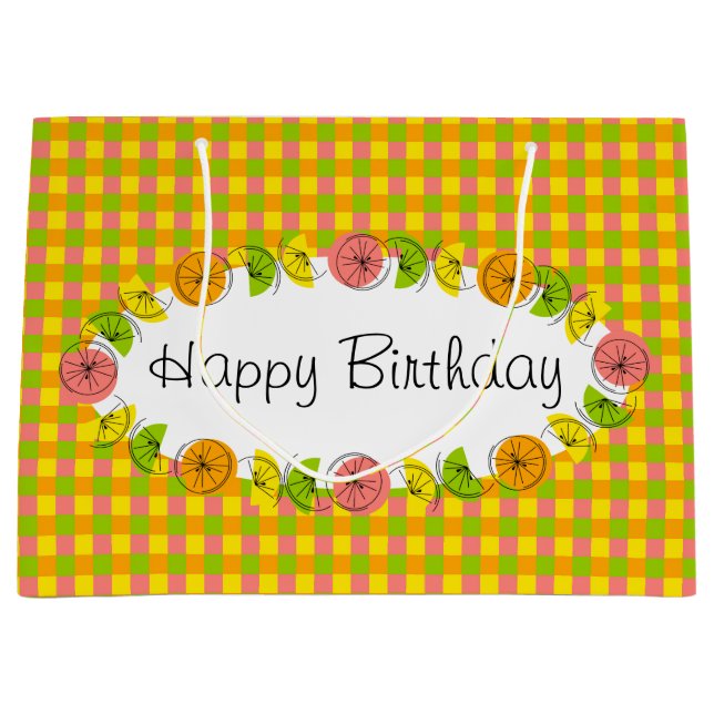 Sacola Para Presentes Grande Citrus Oval Check Happy Birday (Frente)