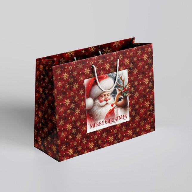 Sacola Para Presentes Grande Classic Holiday Santa Claus Rudolph Gift Bag (Classic Holiday Santa Claus Rudolph Gift Bag)