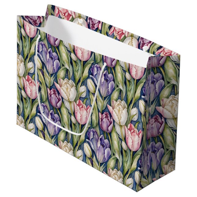 Sacola Para Presentes Grande Classic Pink, Purple, Whute Tulips (Frente inclinada)