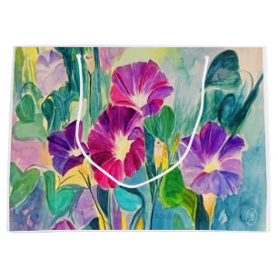 Sacola Para Presentes Grande Clássica Colorida Aquarela Floral Morning Glórias
