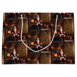Sacola Para Presentes Grande Cláusula Santa com Árvore de Natal e Lareira