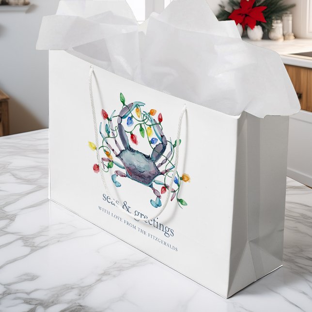 Sacola Para Presentes Grande Coastal “Seas & Greetings” Crab Holiday (Criador carregado)