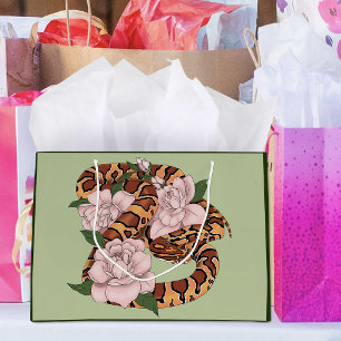 Sacola Para Presentes Grande Cobra de Milho Vibrante Flores de Peônia Rosa Verd