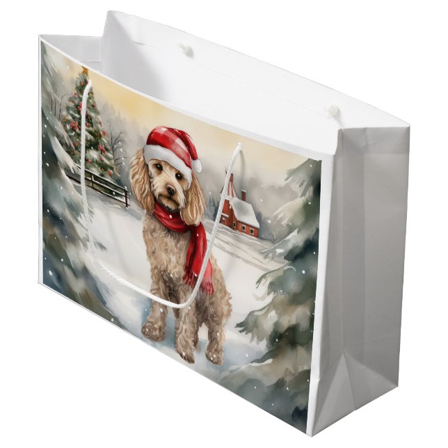 Sacola Para Presentes Grande Cockapoo Cachorro na Neve Natal  (Frente inclinada)