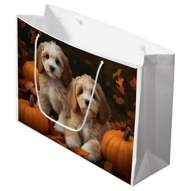 Sacola Para Presentes Grande Cockapoo Puppy Autumn Delight Pumpkin (Frente inclinada)