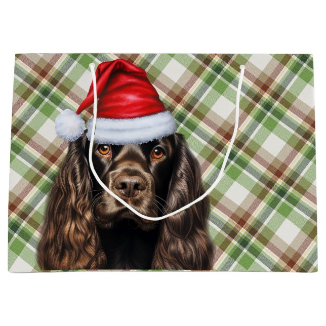 Sacola Para Presentes Grande Cocker Spaniel Chocolate de Natal Xadrez Cachorro  (Frente)