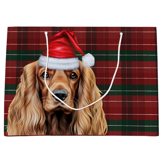 Sacola Para Presentes Grande Cocker Spaniel de Natal Xadrez Cachorro  (Frente)