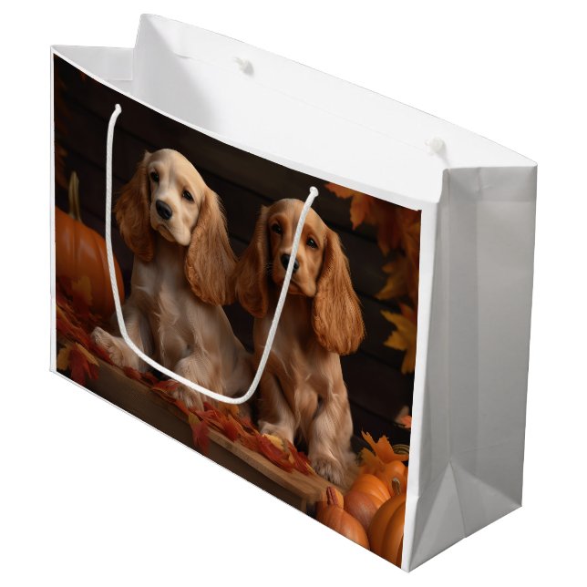 Sacola Para Presentes Grande Cocker Spaniel Puppy Autumn Delight Pumpkin (Frente inclinada)