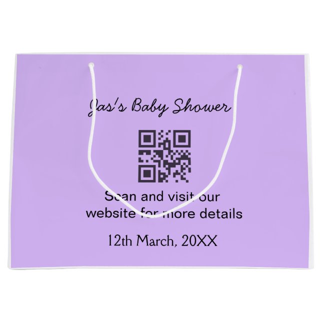 Sacola Para Presentes Grande Código QR simples de chá de bebê roxo adicionar no (Frente)
