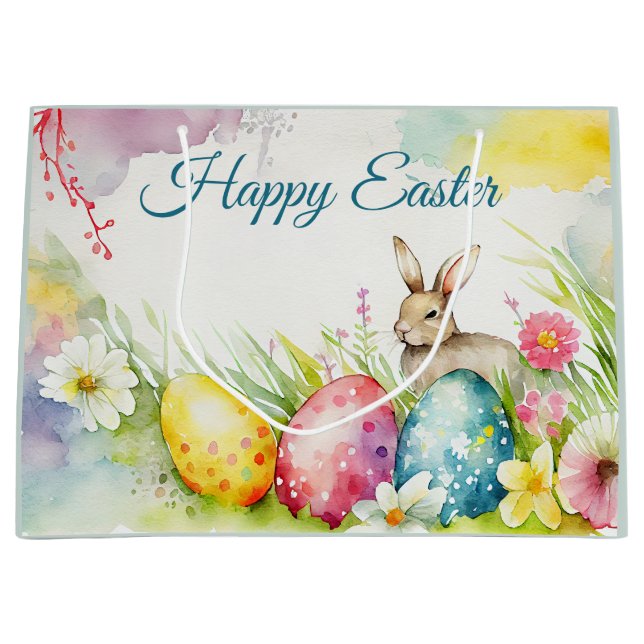 Sacola Para Presentes Grande Coelhinho de Páscoa com três Ovos de Páscoa (Frente)