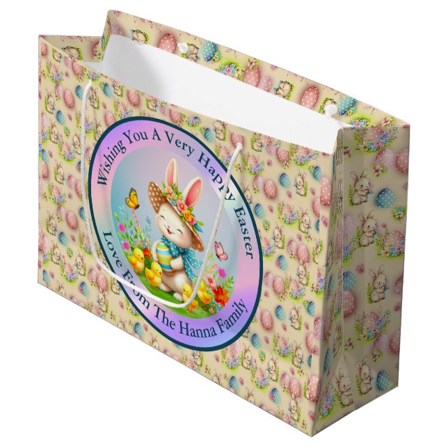 Sacola Para Presentes Grande Coelhinho de Páscoa Fofo e Flores Felizes de Prima (Frente inclinada)