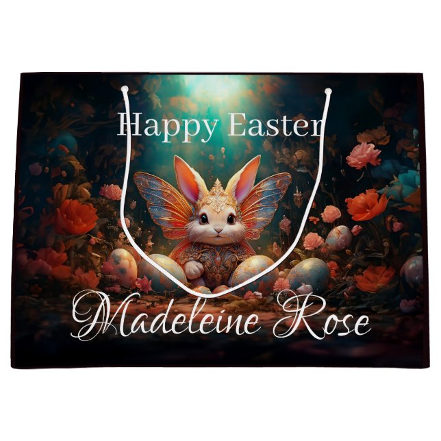 Sacola Para Presentes Grande Coelho Felz pascoa de Nome Personalizado com ovos  (Frente)