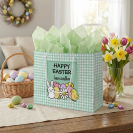 Sacola Para Presentes Grande Coelho Páscoa Feliz Personalizado com Xadrez Verde