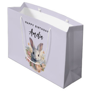 Sacola Para Presentes Grande Coelho Rodeado por Flores Pastel Cute Aniversário