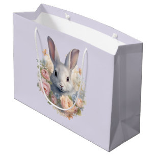 Sacola Para Presentes Grande Coelho Rodeado por Flores Pastel Lindas