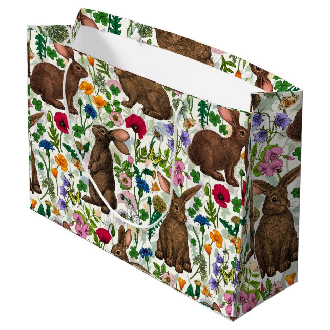 Sacola Para Presentes Grande Coelhos e flores silvestres (Verso inclinado)