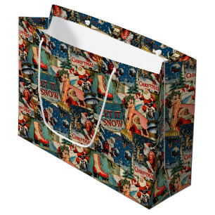 Sacola Para Presentes Grande Colagem de Cartões de Natal Vintage Retrô