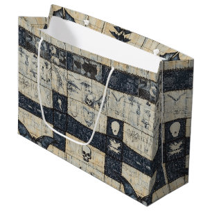 Sacola Para Presentes Grande Colagem de Crânio Gótico e Denim de Morcego