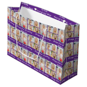 Sacola Para Presentes Grande Colagem de Fotos de Aniversário Roxo Personalizada