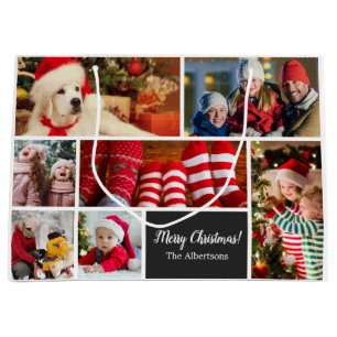 Sacola Para Presentes Grande Colagem de Fotos no Natal 7 com Nome da Família,