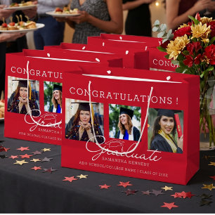 Sacola Para Presentes Grande Colagem de Fotos Vermelho Branco 3 Parabéns Gradua