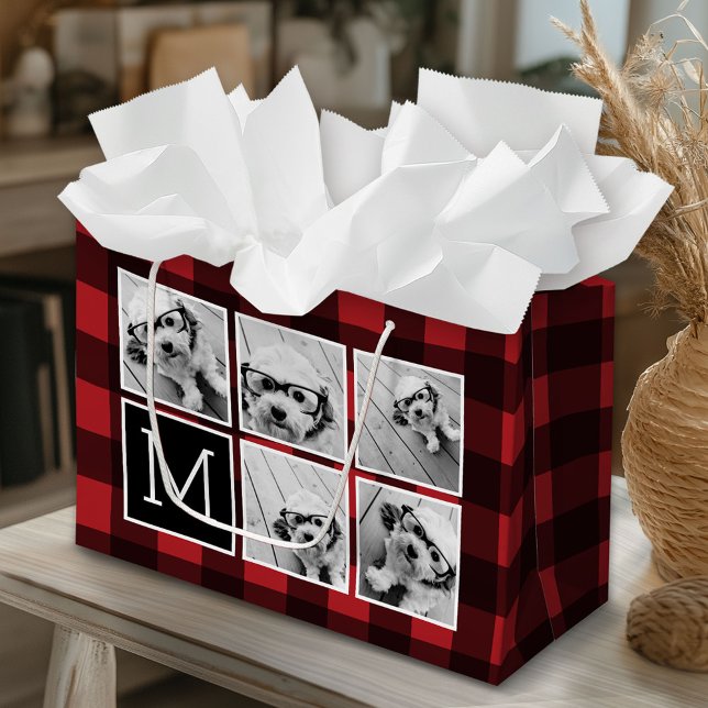 Sacola Para Presentes Grande Colagem de Fotos - Xadrez de Búfalos Vermelho Mono (Custom Gift Bag)