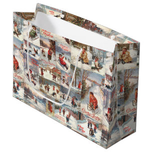 Sacola Para Presentes Grande Colagem de Natal divertida da Vintage Winter