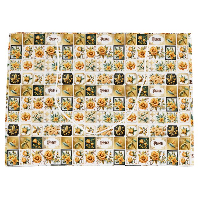 Sacola Para Presentes Grande Colagem de Natal em Dourado (Frente)