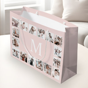 Sacola Para Presentes Grande Colagem Personalizada de Fotos Rosa Personalizada
