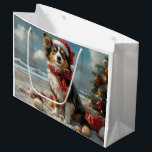 Sacola Para Presentes Grande Collie Dog Christmas Vintage Beach<br><div class="desc">Traga o calor dos feriados para a costa com esta charmosa design inspirada na vintagem, que apresenta um cão festivo sentado numa praia serena. Com um clássico toque de feriado de tons nostálgicos e vibrações costeiras, esta trabalho de arte captura a magia do Natal pelo mar. Perfeito para espalhar alegria...</div>